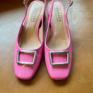 Journee Collection Pink Patent Square Toe Slingback Block Heels - Size 8